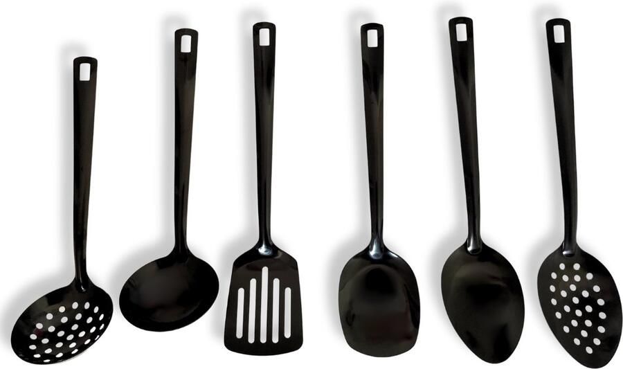 Keukengerei set 6-delig Zwartkleurig Roestvrij Staal Kookgerei Opscheplepel Perforatielepel Soeplepel Spatel Schuimspaan en Pollepel Luxe Keukenaccessoires Keukengerei Keukenbestek