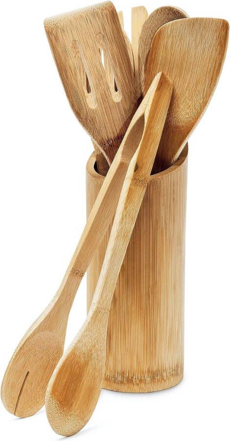 Keukengerei set bamboe 7-delig 30 cm lange kooklepels tang spatels keukenaccessoires met houder naturel