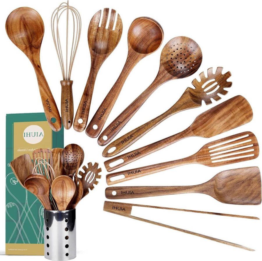 Keukengerei set houten keukengerei koken natuurlijk teakhouten lepels spatel pollepel houten houder (11)