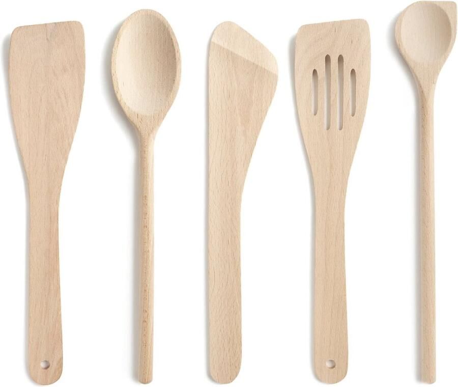 Keukengerei van hout 5-delige set gemaakt in de EU 1 grote sauslepel van 30 cm 1 sleufspatel 30 cm 1 afgeschuinde spatel 30 cm 1 deegschraper 1 gebogen spatel 30 cm