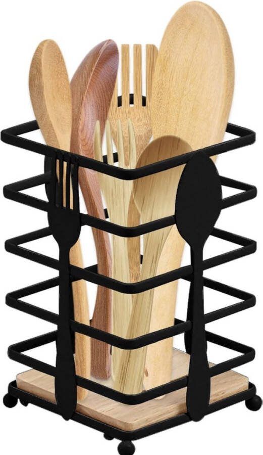 Keukengereihouder keuken keukengereihouder vierkante keukengereistandaard met afvoergaten roestvrijstalen keukengerei houder met houten sokkel voor kooklepel en bestek