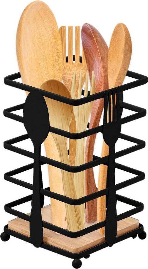 Keukengereihouder vierkant met afvoergaten roestvrijstalen keukengerei houder met houten sokkel kooklepel en bestekhouder zwart B ophangrek keukengerei