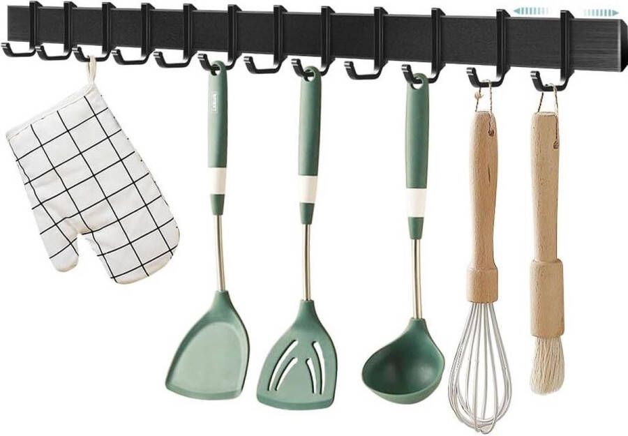 Keukengereihouder zonder boren 12 meubelhaken Aluminium 58 cm Zwart