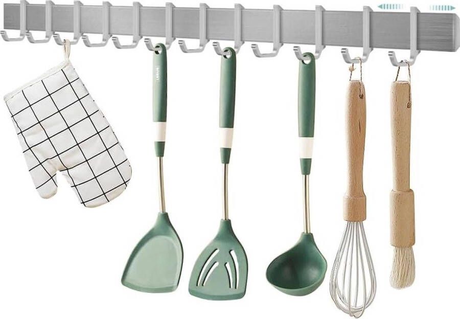 Keukengereihouder zonder boren Muurbevestiging 12 meubelhaken Aluminium 58 cm Zilver ophangrek keukengerei