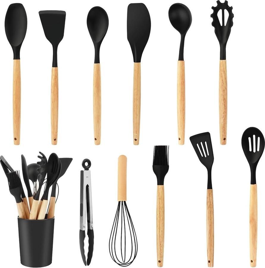 Keukengereiset 12-delige keukengerei keukenaccessoires Houten handvat kooklepelset kookbestek keukenaccessoires huishouden keukengerei met opbergcontainer (zwart)