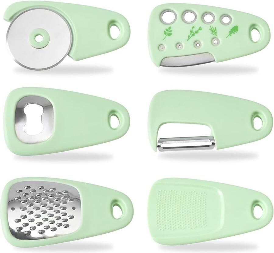 Keukengereiset 6-delig Roestvrij staal Campinggadgets Fruitschiller Kaasrasp Knoflookrasp Flessenopener Pizzasnijder Draagbare campingkeukenaccessoires