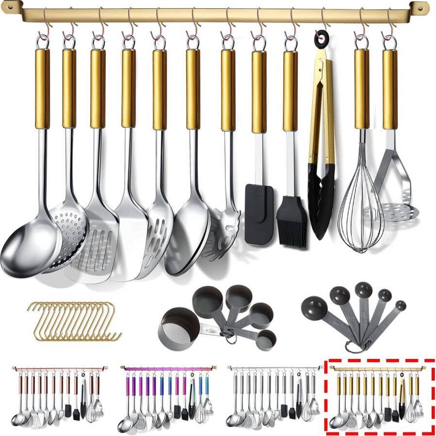 Keukengereiset met gouden handvat 38-delig roestvrijstalen pannenset keukenhulp keukengereedschapset met bestekhouderrek en haak om op te hangen vaatwasmachinebestendig