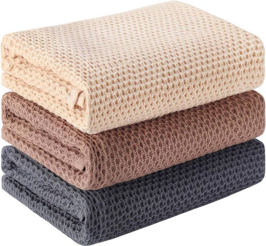 Keukenhanddoeken theedoeken katoen wafeldoek theedoeken handdoekenset absorberende droogdoeken spoeldoeken keukendoeken met ophanglus 33 x 74 cm verpakking van 3 stuks bruin grijs beige