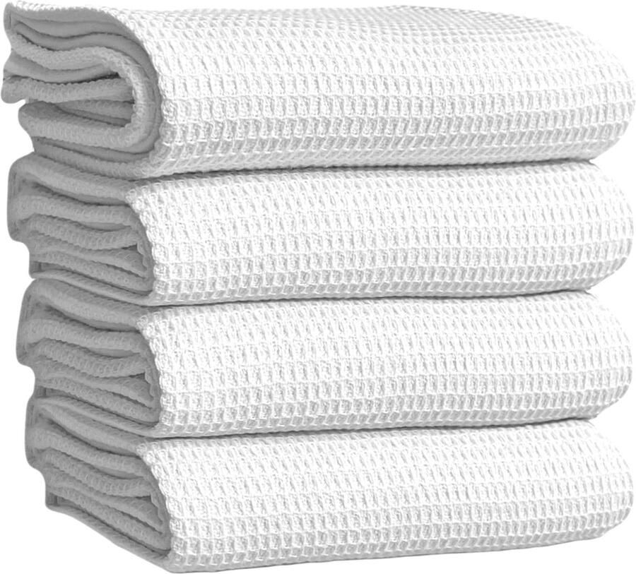 Keukenhanddoeken theedoeken set van 4 100% katoen wafelhanddoeken theedoeken poetsdoeken keukendoeken met ophanglus (ca. 65 x 45 cm wit)