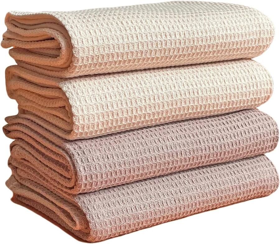 Keukenhanddoeken theedoeken set van 4 100% katoen wafelhanddoeken theedoeken poetsdoeken keukendoeken met ophanglus (ca. 65x45cm crème & beige)