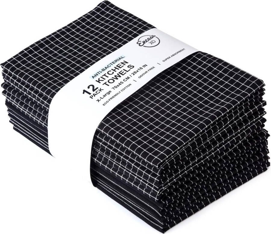 Keukenhanddoeken X-large 70 x 45 cm (12 stuks) antibacterieel oppervlak katoen absorberend voor het reinigen en sneldrogen van borden -zwart