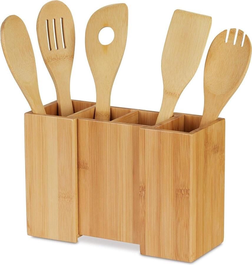 Keukenhulphouder bamboe set van 5 kooklepels uitschuifbare bestekhouder HBD ca. 17x25x10 cm