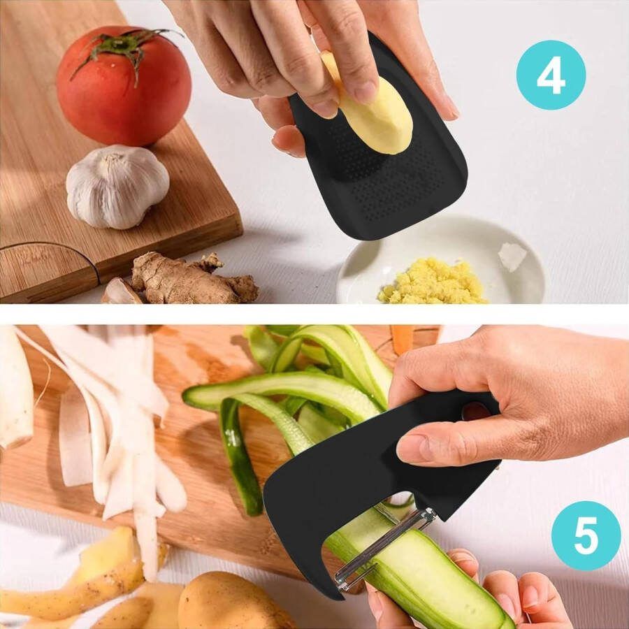 Keukenhulpje kaasrasp flessenopener fruit- groentenschiller pizzasnijder knoflook- gemberrasp kruidenschiller multifunctionele set van 6