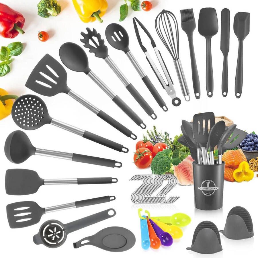 Keukenhulpset 44pcs Keukengerei set Antiaanbaklaag met Gebruiksvoorwerpenhouder Hittebestendig kookgerei Set Donker Grijs