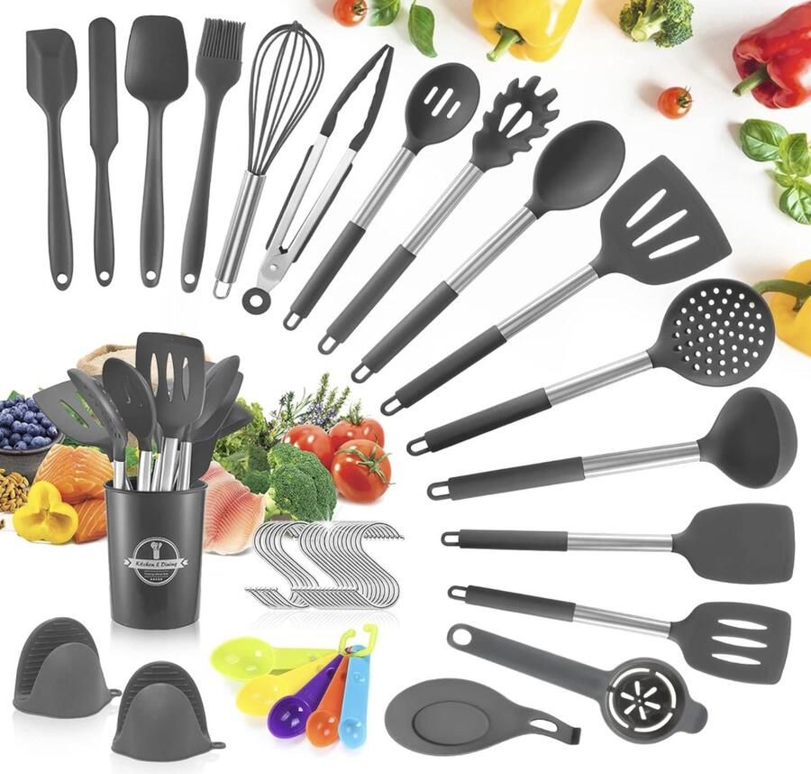 Keukenhulpset 44pcs Keukengerei set Siliconen Kookgerei Set Antiaanbaklaag met Gebruiksvoorwerpenhouder Siliconen gebruiksvoorwerpen Set Hittebestendig kookgerei Set-Donker Grijs