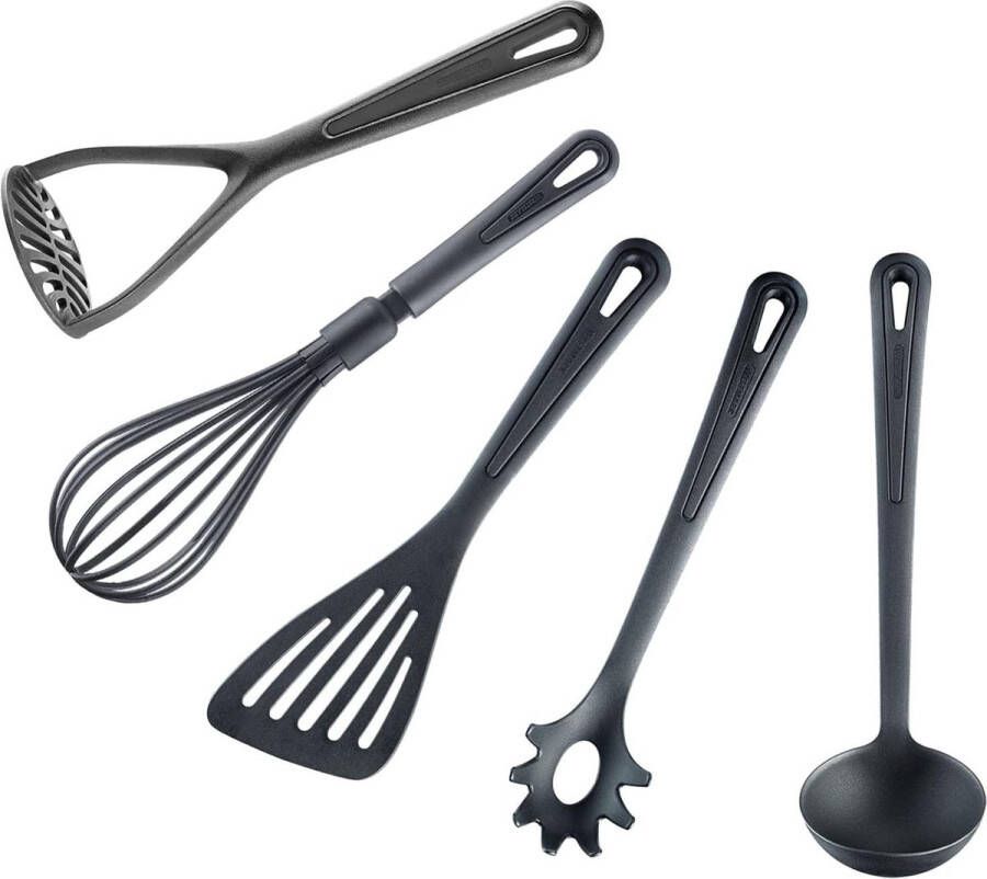 Keukenhulpset 5-delig: garde soeplepel aardappelstamper spatel spaghettilepel kunststof gentle zwart