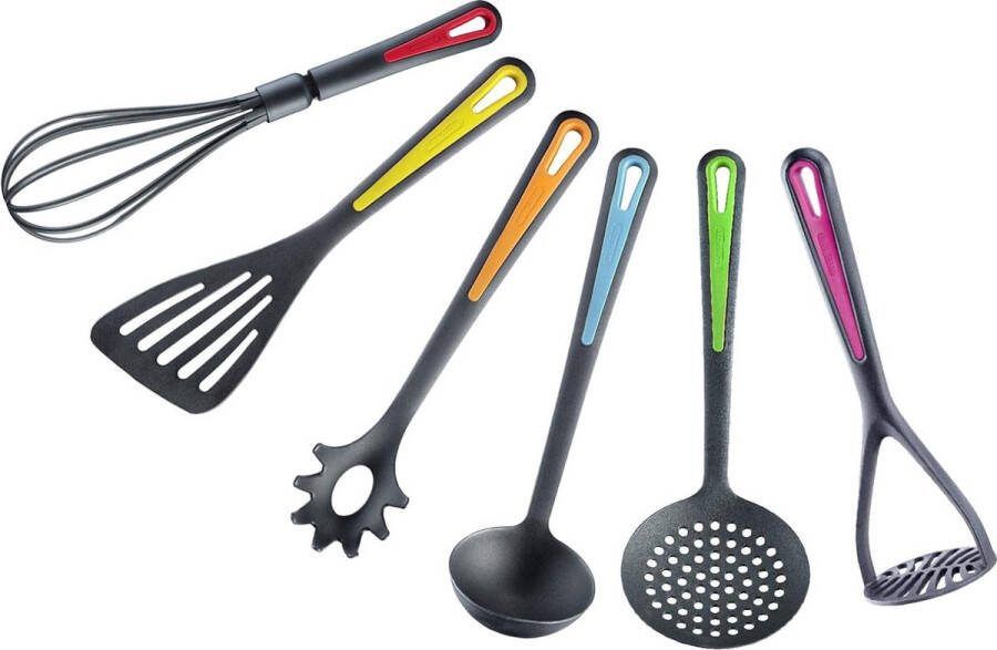 Keukenhulpset 6-delig spatel schuim- spaghettilepel soeplepel aardappelstamper garde