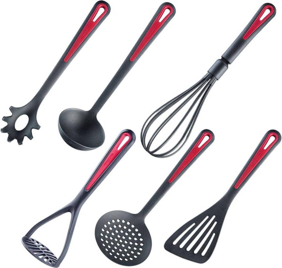 Keukenhulpset 6-delig spatel schuim- spaghettilepel soeplepel aardappelstamper garde hoogwaardige kunststof Gallant zwart rood