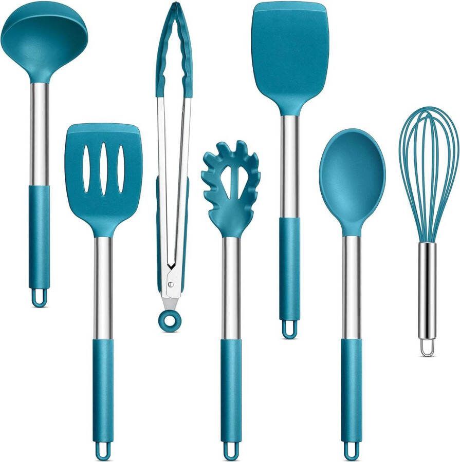 Keukenhulpset 7 stuks kookbestek keukengereiset blauwe antiaanbaklaag hittebestendige spatel kookgerei voor koken bakken flip gemakkelijk te reinigen en vaatwasmachinebestendig