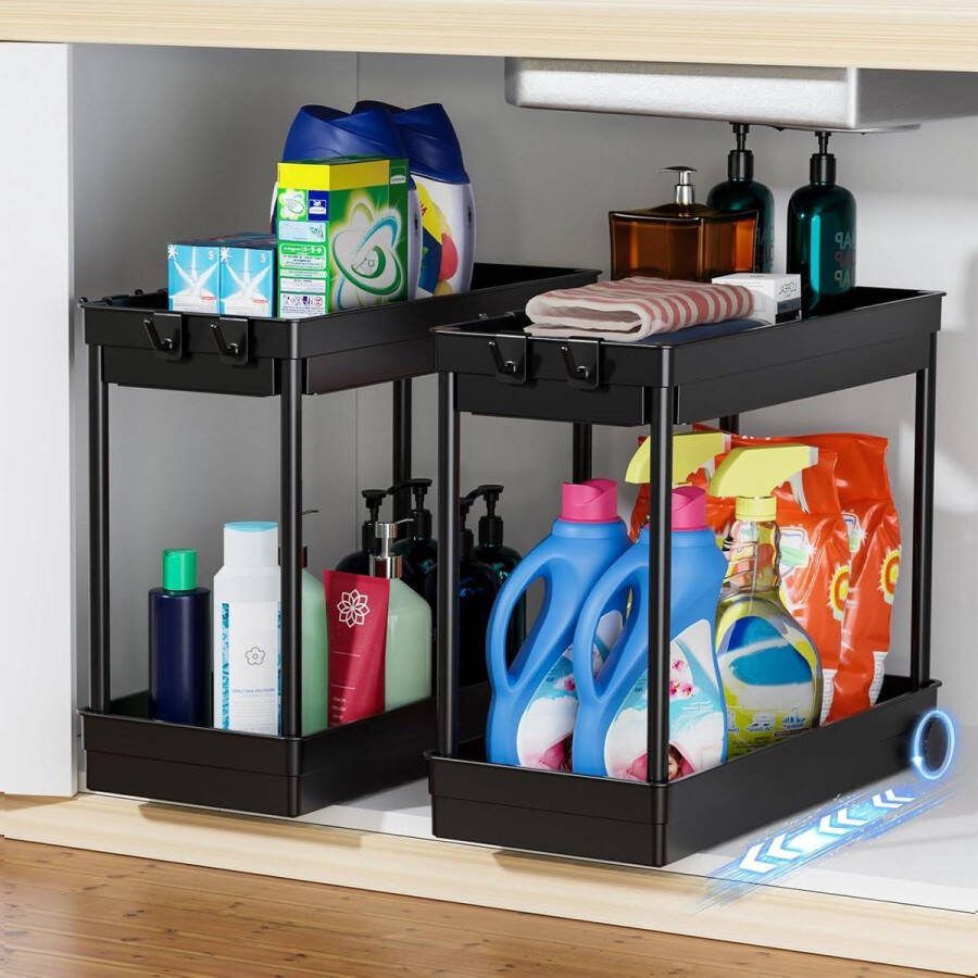 Keukenkast organizer met roestvrijstalen buis 2 stuks wasmanden en 4 haken voor keuken en badkamer Keukenkast organizer