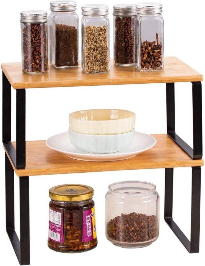 Keukenkast organizer Set van 2 Uitbreidbaar en stapelbaar Kruidenrek Zwart en natuurlijke kleuren
