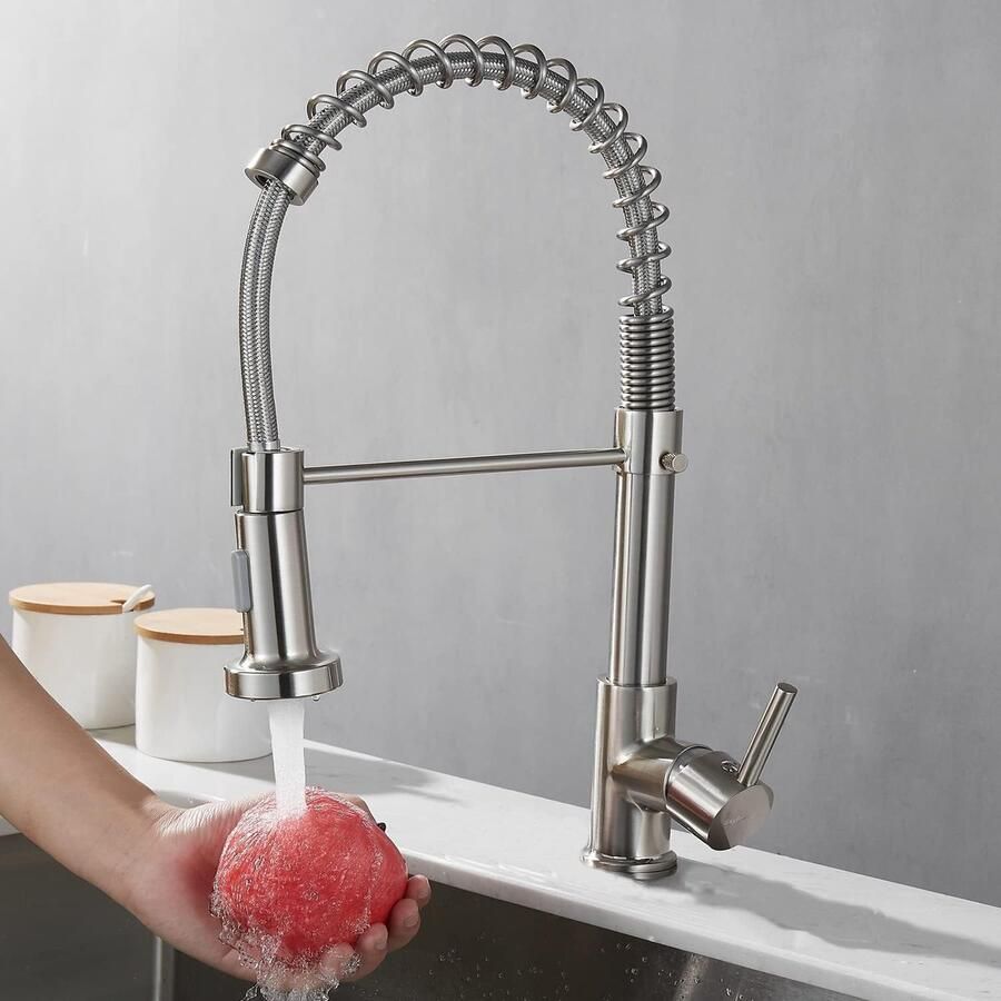 Keukenkraan geborsteld kleur 360 graden draaibaar met naar beneden uittrekbare sproeikop veerkraan kopermateriaal dubbele modus met dubbele functie sproeikop (H-geborsteld zilver)
