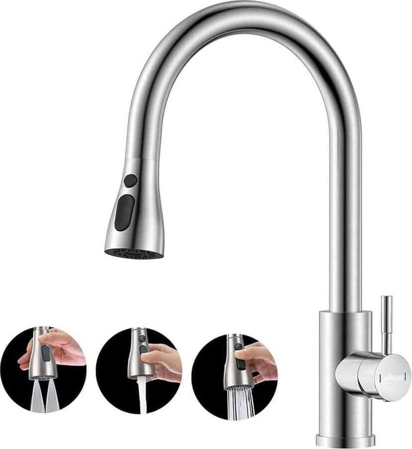 Keukenkraan hoge druk keukenkraan met douche keukenmengkraan met 3 straalsoorten 360° draaibare wastafelkraan keukenkraan keuken dubbele bladen Kitchen Taps with Pull Out Spray