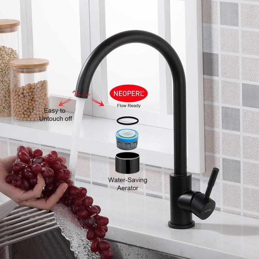 Keukenkraan met 360° Draaibare Uitloop en Koudstart Eengreepsmengkraan Spoelbak Kraan Keuken Roestvrij Staal Zwart