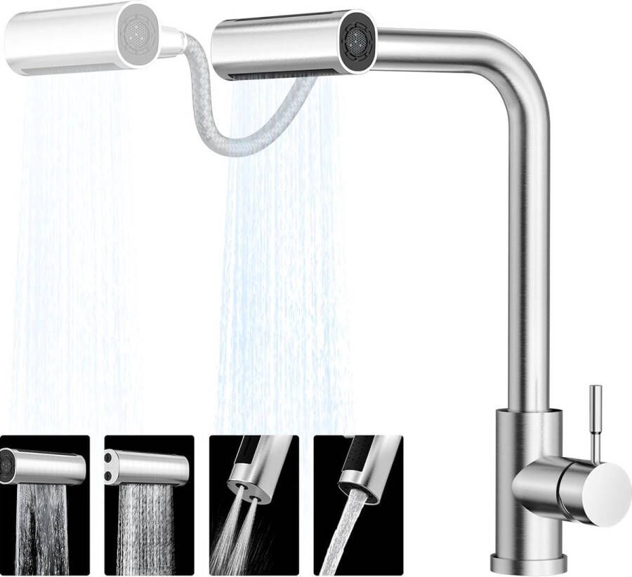 Keukenkraan met flexibele handdouche 360° draaibaar en 4 waterstralen roestvrij staal keukenkraan