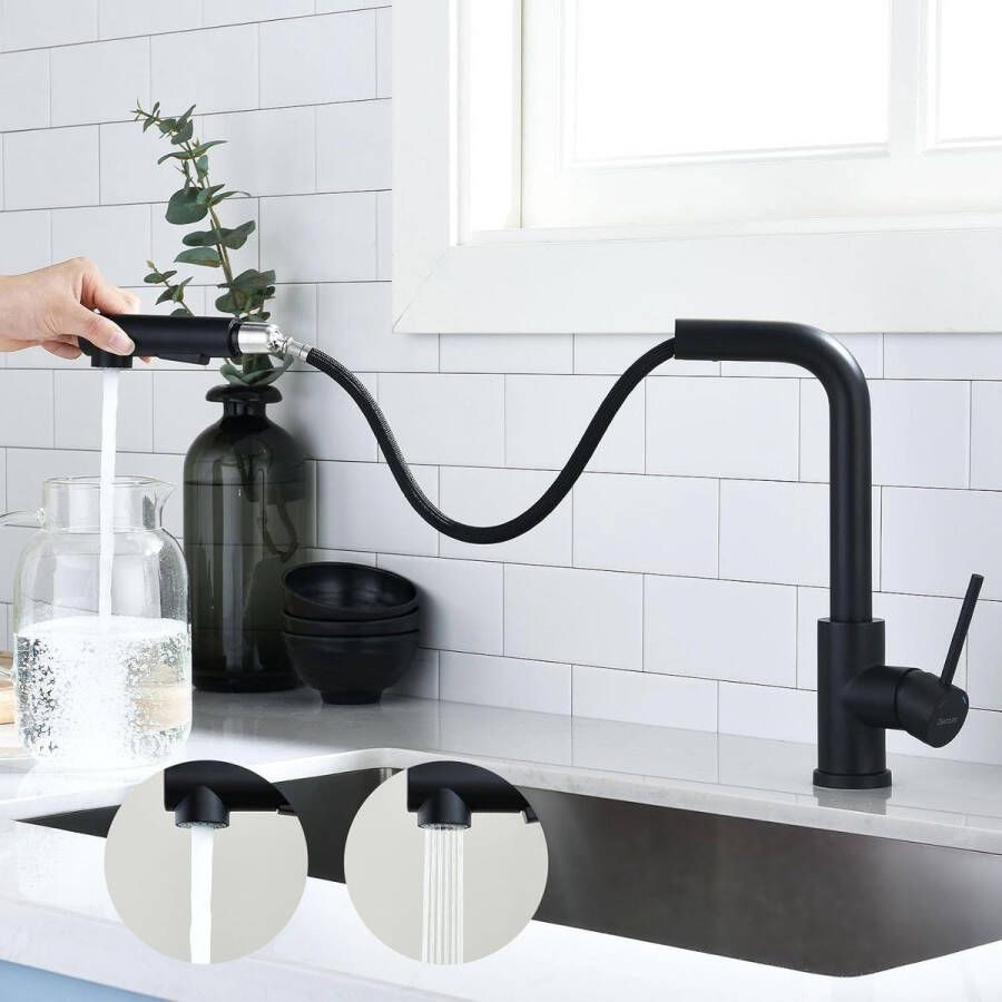 Keukenkraan met sproeier uittrekbare waterkraan keuken zwart twee waterstraalsoorten wastafelarmatuur 360 graden draaibaar eengreepsmengkraan spoelbakarmatuur