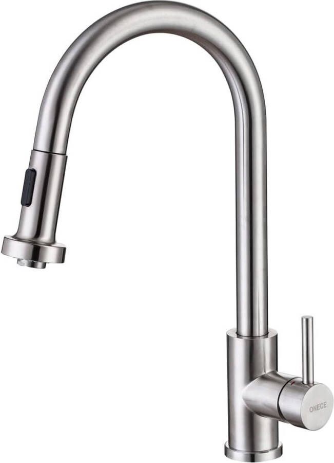 Keukenkraan Uittrekbare Kraan Keuken met 2 straalsoorten spoelspray Eengreepsmengkraan voor aanrecht van geborsteld roestvrij staal 360° draaibare Mengkraan voor Keuken