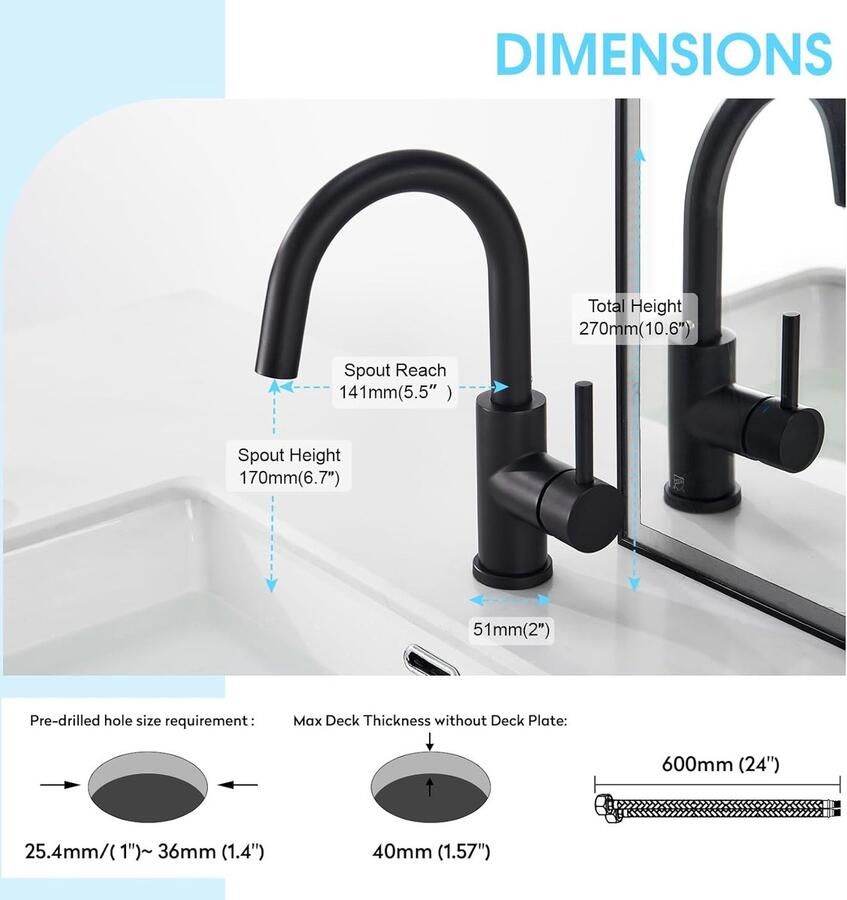Keukenkraan Zwart 360° Draaibare Waterkraan Mengkraan Zwart voor Keuken of Badkamer Wastafel Kraan Zwart met Hoge Uitloop Mat Zwart