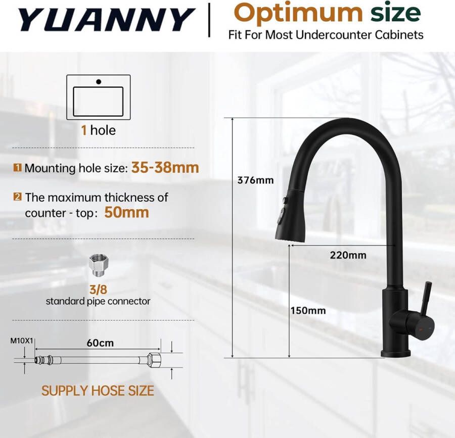 Keukenkraan Zwarte Keukenkraan met Uittrekbare 360° Draaibare Mengkraan Keuken Hoge Druk met 3 Modi RVS Spoelbakkraan met Spray
