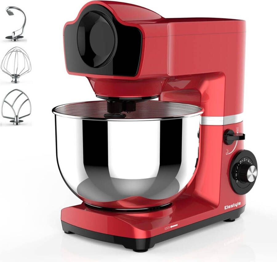 Keukenmachine 1500 Watt RVS Mengkom (6 L) – Keukenrobot – Mixer 6 Snelheden Met Garde Deeghaak en Menghaak Antislip Rood