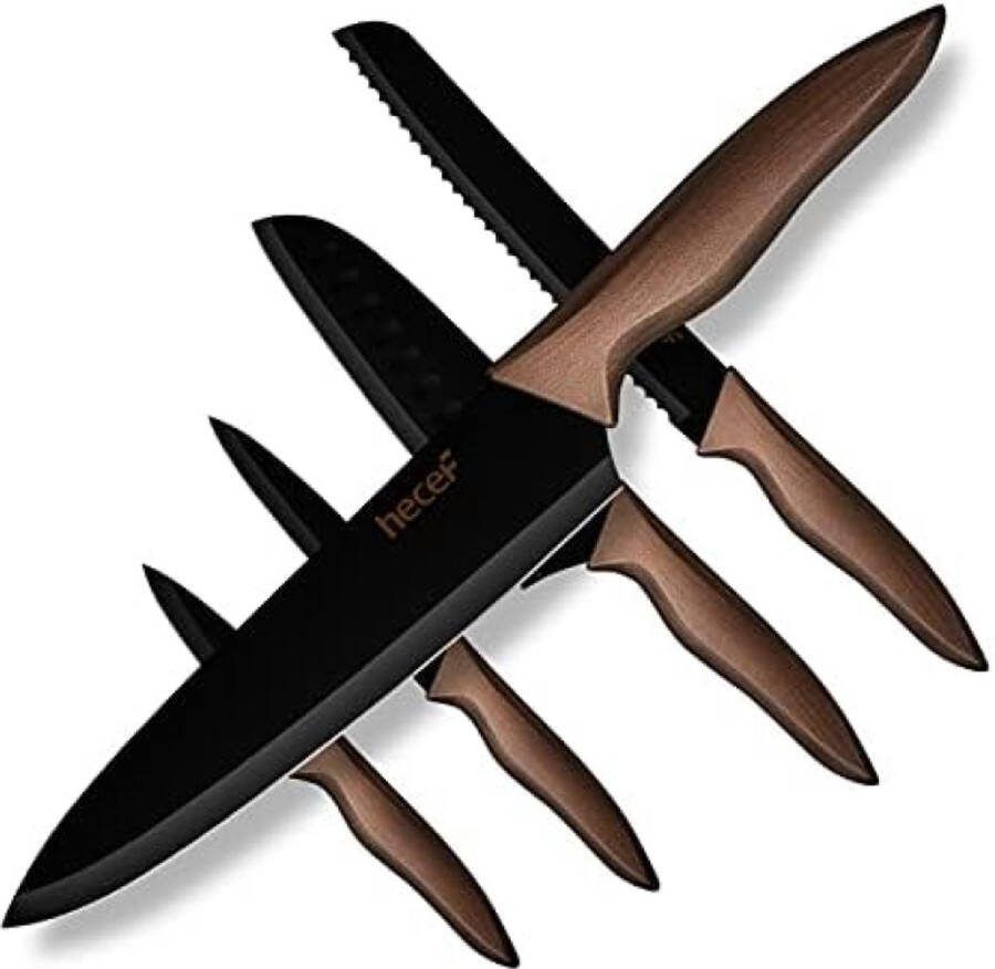 Keukenmes Set Roestvrijstalen Niet-klevende Zwarte Kleurcoating Mes Bevat 8'' Chefmes 8'' Broodmes 7'' Santokumes 5'' Utilitymes en 3.5'' Schilmes
