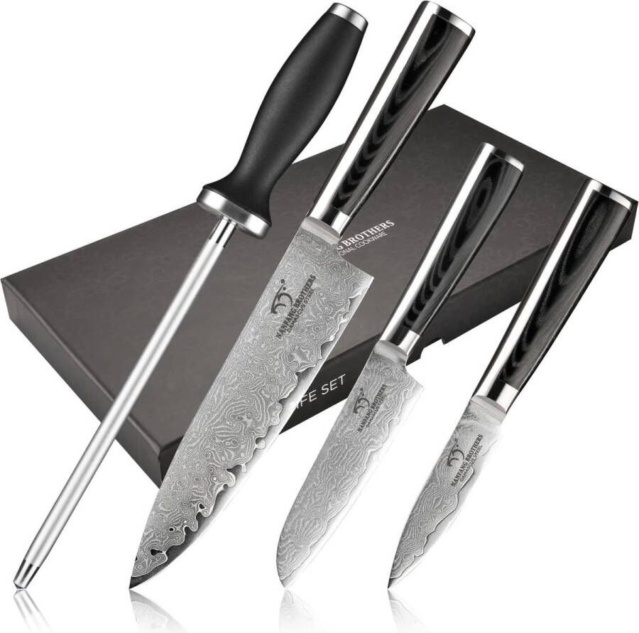 Keukenmessenset 4 stuks 67 lagen handgemaakt VG10 stalen kern gesmeed koksmes Santoku-mes groentemes slijper met premium box
