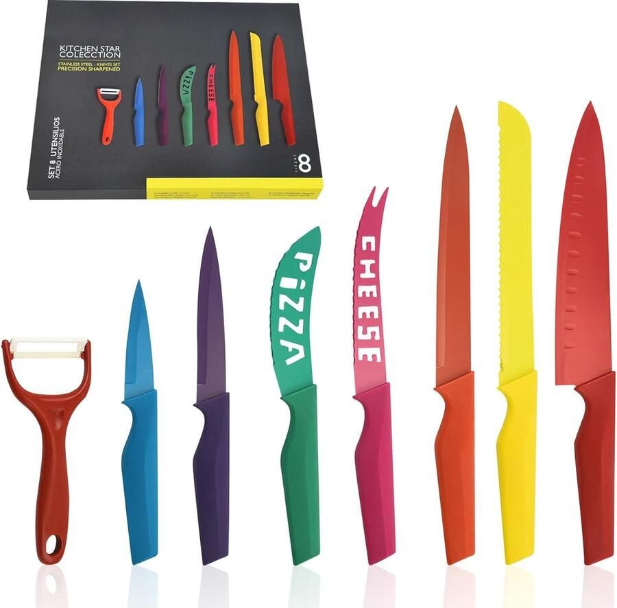 Keukenmessenset 8-delig Sharp zeven regenboogmessen met koksmes broodmes schilmes pizzames universeel mes gebogen kaasmes