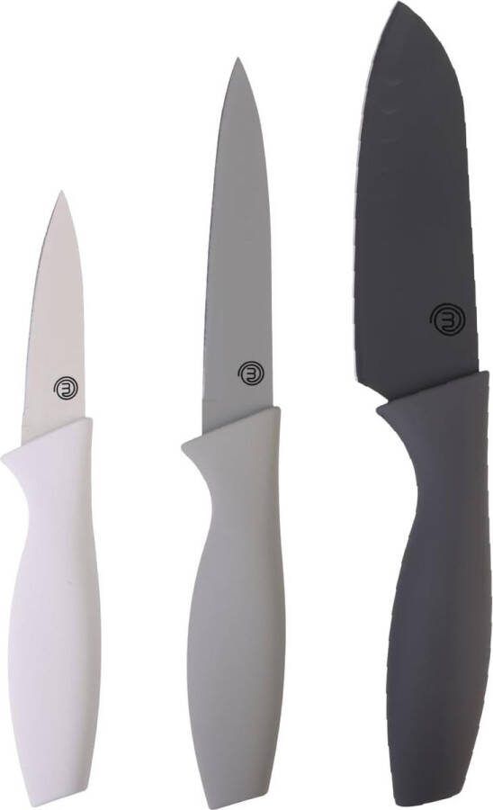Keukenmessenset messenset incl. koksmes groentemes & schilmes scherp mes roestvrij staal anti-aanbaklaag soft-touch handgrepen grijs 3-delig
