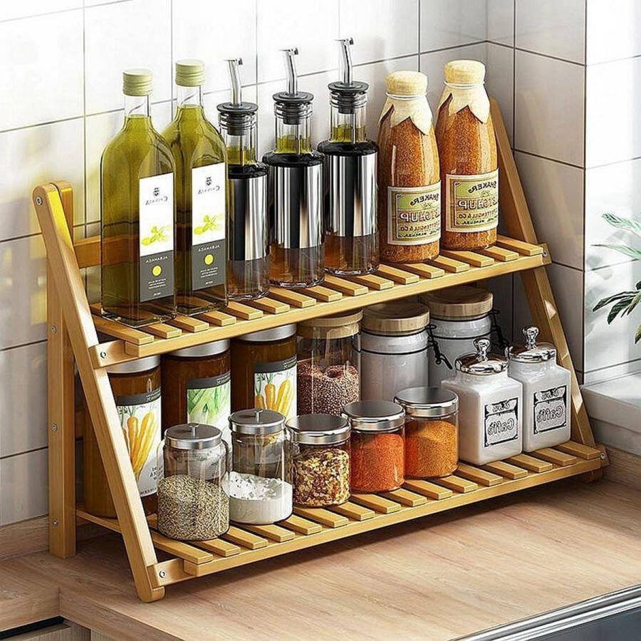 Keukenopbergrek Huishoudelijke Werkblad Kruidenrek 2 verdiepingen Multifunctioneel Eenvoudig Modern Bloemenrek Bamboe Hout Organizer Houtkleur L