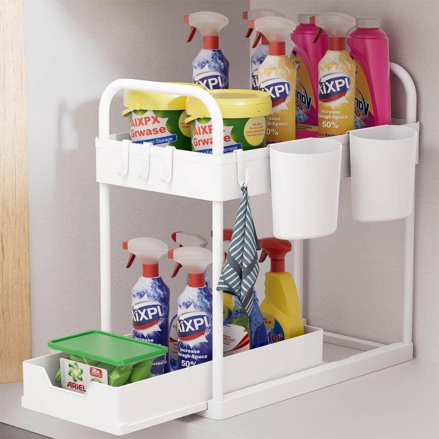 Keukenorganizer 2 etages onder de wastafel rek met 4 haken en 2 kopjes multifunctioneel kruidenrek spoelkast organizer reinigingsmiddel-organizer voor badkamer keuken (wit)