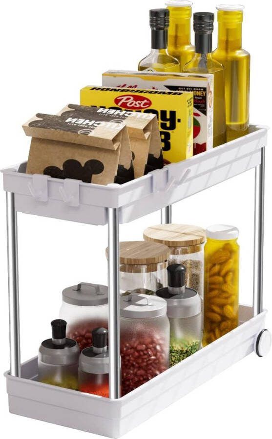 Keukenorganizer keukenkast-organizer kastmanden met haken spoelkastorganizer met roestvrijstalen draagbuis 2 etages onderkast organizer rek gootsteenorganizer in wit voor keuken badkamer en