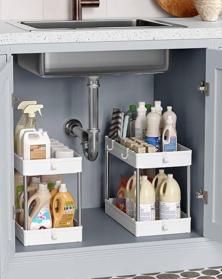 Keukenplank onder gootsteen onder kast plank badkamer plank onder gootsteen gootsteenkast plank met 2 niveaus 6 haken opslag onder gootsteen voor keuken badkamer wit BUO001W01