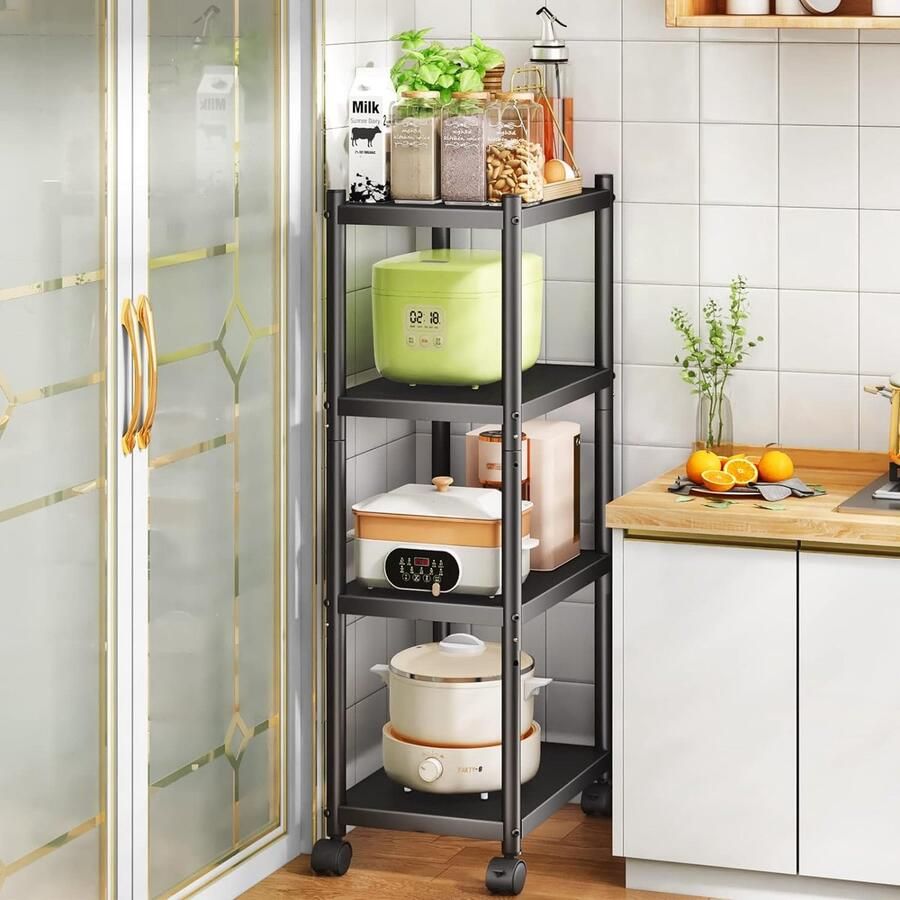 Keukenplank staand 4 lagen smalle plank met wielen metalen plank zwart met wielen en antislipvoetjes voor garage keuken kantoor boekenkamer hoek zwart