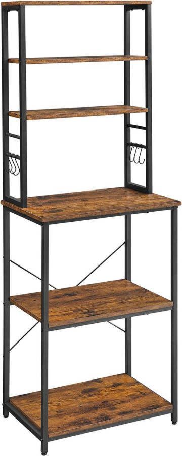 Keukenplank staande plank met planken met 6 haken en metalen frame plank voor magnetron industrieel ontwerp 40 x 60 x 167 cm vintage bruin-zwart