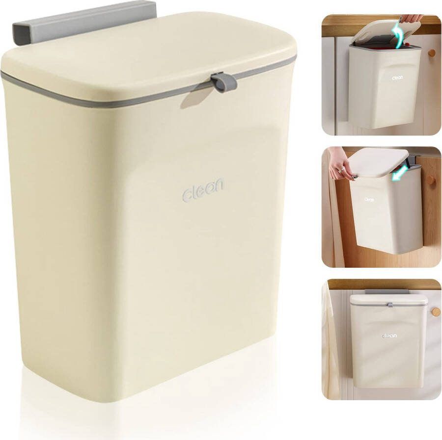 Keukenprullenbak 9 L prullenbak hangende prullenbak keuken met deksel voor badkamer slaapkamer prullenbak caravan compostbak voor keuken (crème)