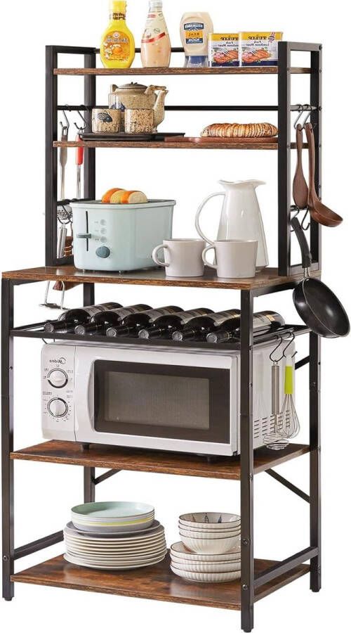 Keukenrek bakkersrek staand rek met haken 6 planken wijnrek industrieel design multifunctionele organizer voor magnetron kookgerei bruin-zwart koffie rek