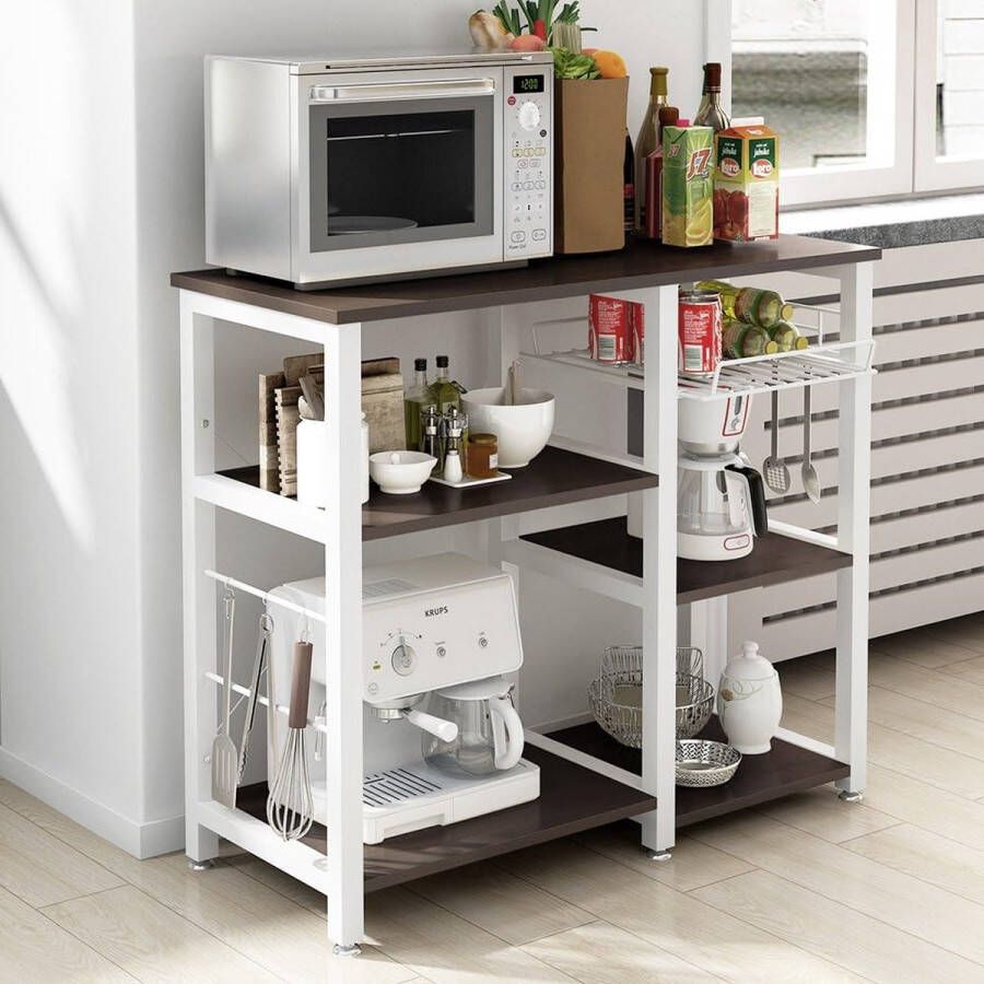 Keukenrek magnetronrek keukenrek met 3 + 3 planken kleine haken 90 x 39 x 83 cm W5S-BK-SH