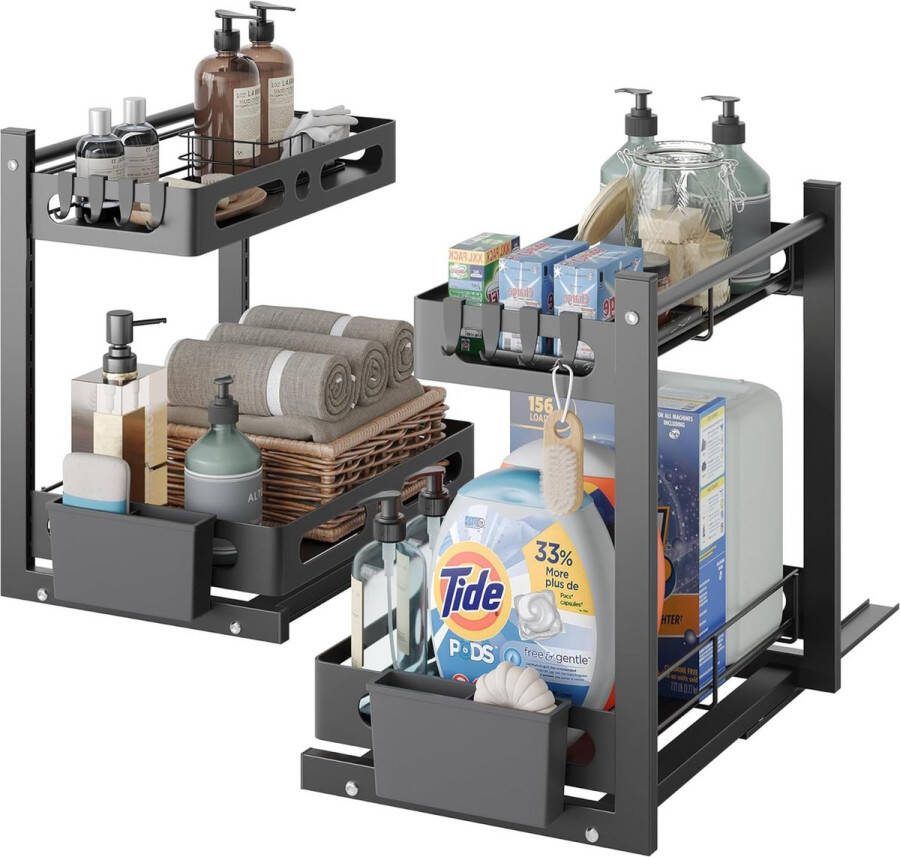 Keukenrek Set van 2 spoelkastorganizer opslag 2 etages onder wastafel keukenspoelkastrek uittrekbaar keukenrek multifunctionele organizer voor keuken badkamer zwart
