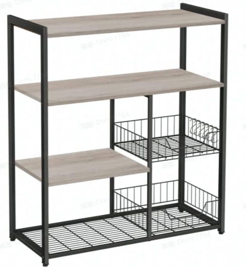 Keukenrek staand rek met 2 metalen manden bakkersrek met haken en planken magnetronrek 35 x 80 x 95 cm greige-zwart