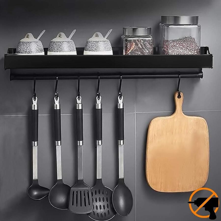 Keukenhouder zonder boren met 6 haken keukenrek muur voor specerijen haaklijst keukenhulp hanglijst aluminium kruidenrek matte afwerking voor keuken en badkamer